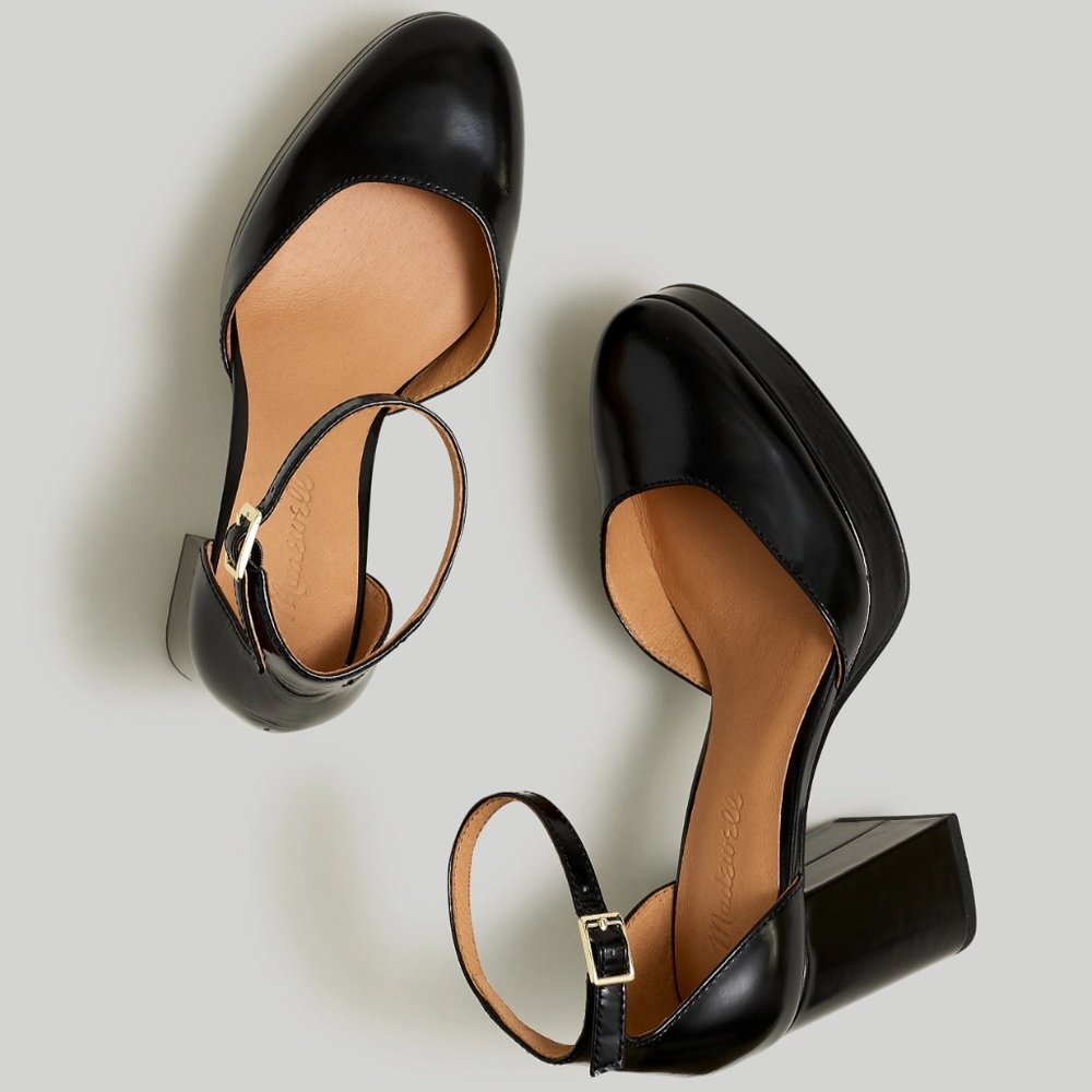 MADEWELL Size 8.5 The Mable Ankle-Strap Platform Pump in Leather True Black